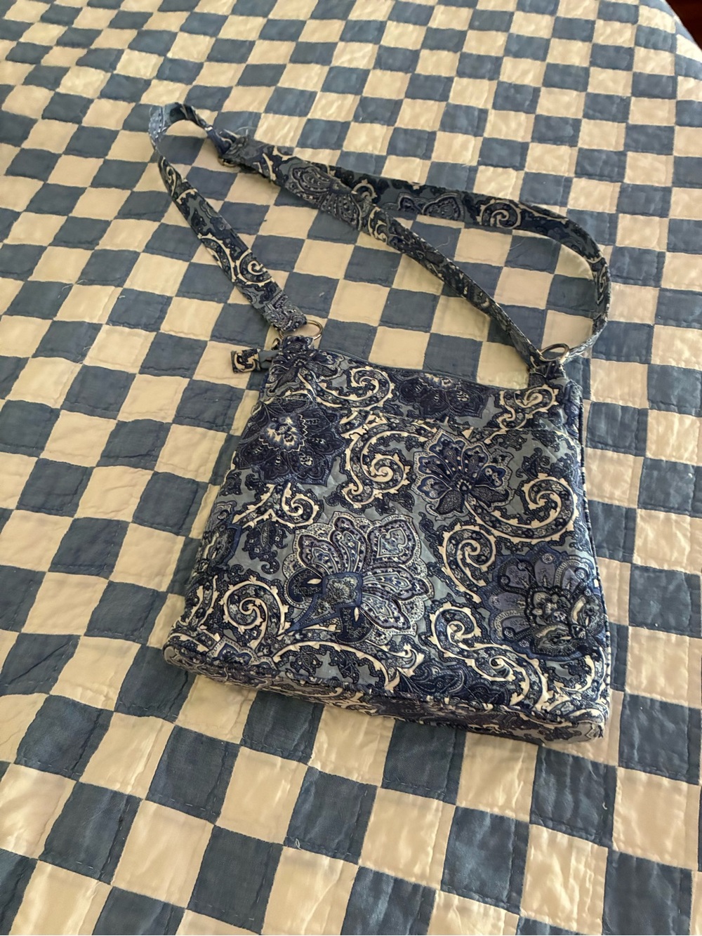Blue Paisley Patterned Crossbody Bag with Adjustable Strap